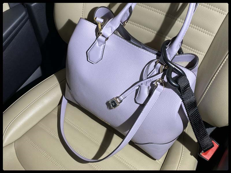 Blue pocketbook on seat secured by a Hook & Go inserted into the front passenger seat belt buckle