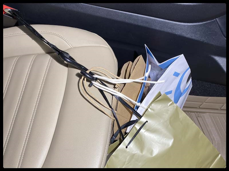 Fancy shopping bags suspended over seat, secured by a Hook & Go inserted into the front passenger seat belt buckle