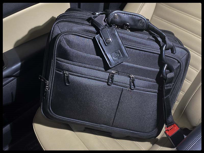 IMG_2983.png		Large black travel bag on seat secured by a Hook & Go inserted into the front passenger seat belt buckle