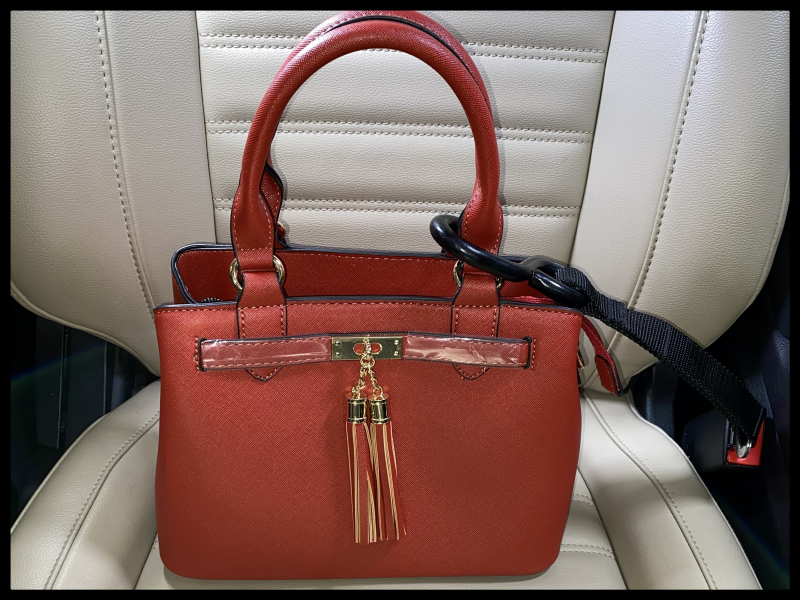 Red pocketbook on seat secured by a Hook & Go inserted into the front passenger seat belt buckle